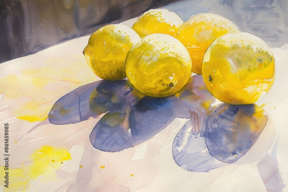 Poster a still life image of lemons placed on a table, suitable for use in food-related contexts such as re