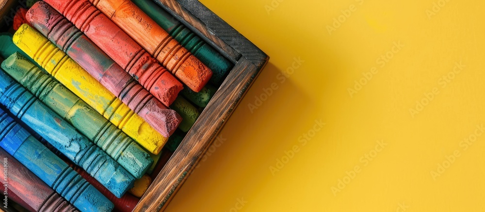 Poster top view of soft pastels in a wooden box on a yellow background, with copy space for text. these are
