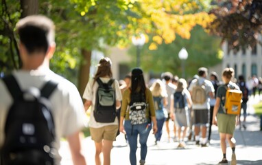 Obraz premium Vibrant Campus Life Diverse Students Walking, Talking, and Enjoying Outdoors at University