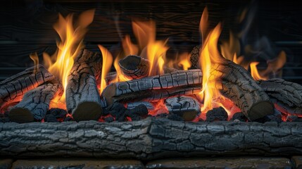 Vibrant fire in gas fireplace with detailed ceramic logs, long exposure for warmth