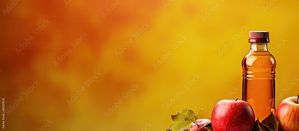 Poster apple cider bottle on colorful background with copy space image.