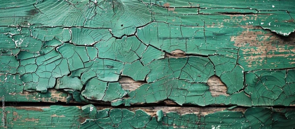 Poster green wooden table frame background with a cracked board; ideal for placing objects; copy space imag