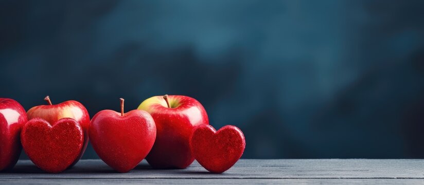 A festive display of red apples against a heart-shaped backdrop on St. Valentine's Day with relevant copy space image.