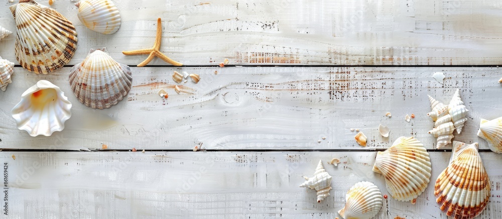 Poster a flat lay of seashells on white wood planks, creating a beach vacation vibe with copy space image a