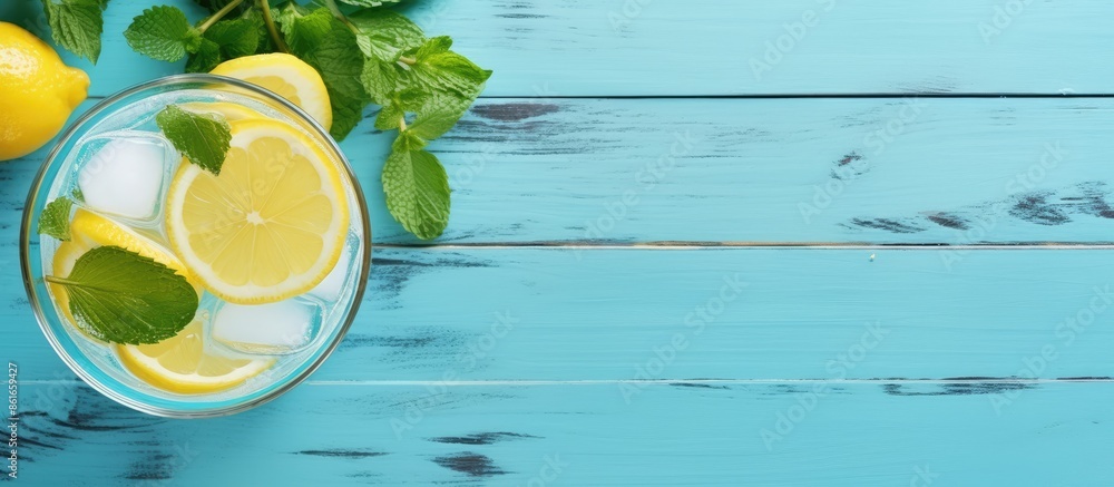 Poster Top-down view of a lemonade mocktail with lemon slice and mint in a glass on a blue wooden backdrop, perfect for a healthy summer, with ample copy space image.