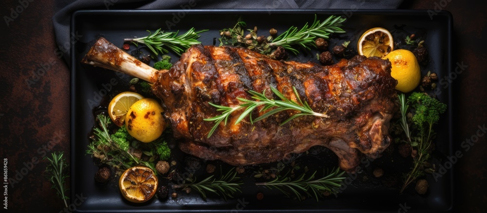 Poster top view of an oven-baked lamb leg against a dark background with available copy space image.