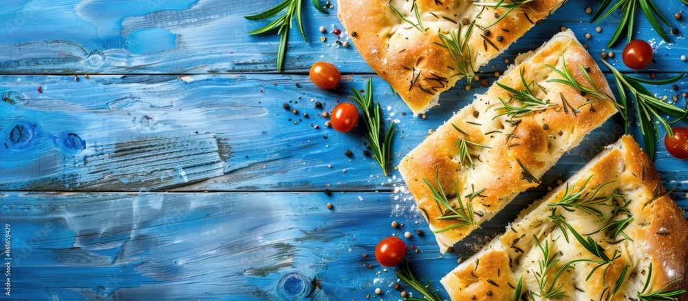 Poster top view arrangement of focaccia bread on a blue wooden surface with room for text in the image. wit