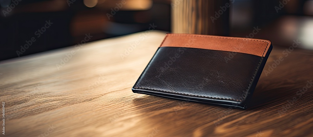 Poster Selective focus on a wooden table background with a black wallet and business card, offering a distinctive copy space image.