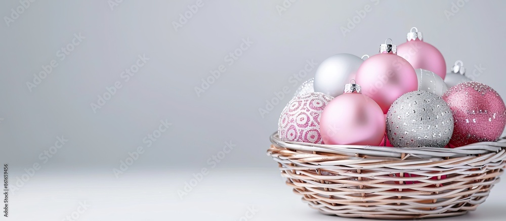 Aufkleber full basket the silver and pink balls for the christmas tree. with copy space image. place for addin