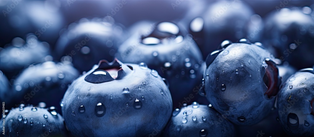 Poster macro image of water droplets on a ripe blueberry against a fresh blueberries backdrop, ideal for te