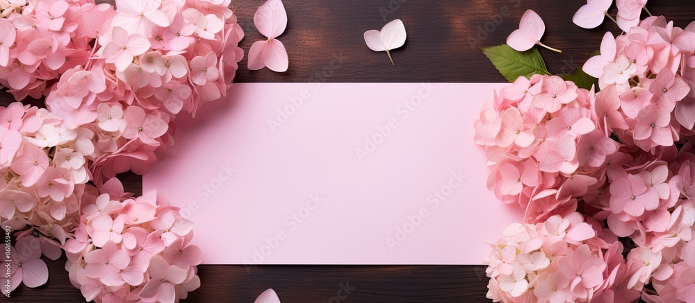 Poster pink paper note surrounded by gorgeous hydrangea flowers with copy space image.