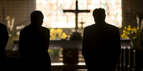 Two men in shadow at a funeral in a church. Concept Grief, Shadow, Monochrome, Church, Funeral