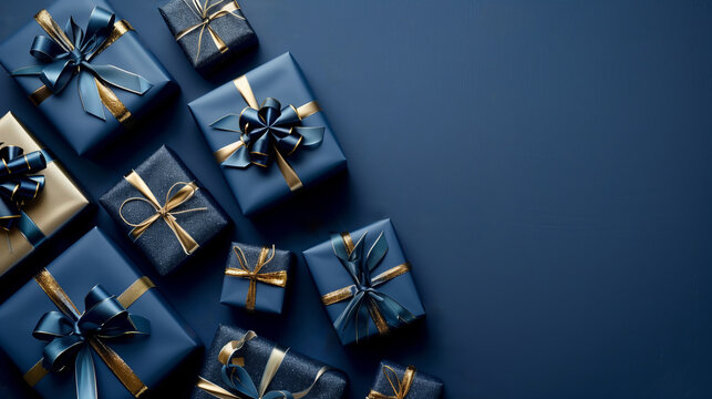 A festive arrangement of variously sized blue gifts on a blue background 