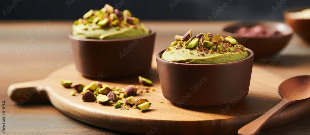 Poster avocado chocolate mousse topped with pistachios in a wooden bowl set against a blank white backgroun