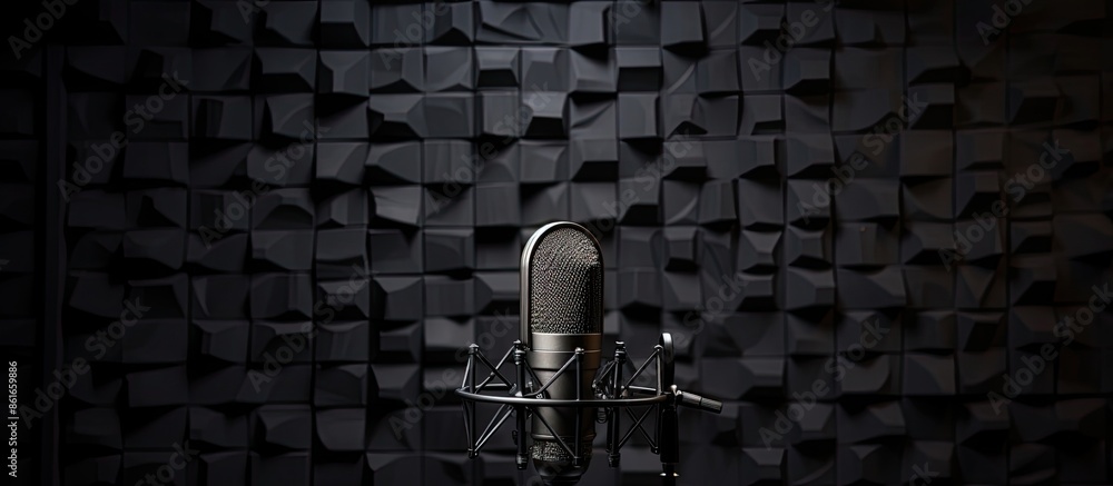 Poster Microphone on stand with pop shield in front. Studio features noise cancelling black wall and copy space image.
