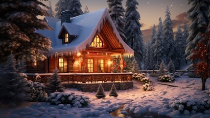 Fototapeta premium A cozy cabin with a chimney and a fireplace. The cabin is surrounded by trees and snow