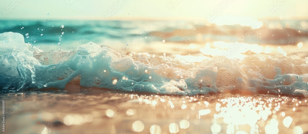 Poster a blurry tropical beach with sunlit waves creates an abstract background for a summer vacation theme