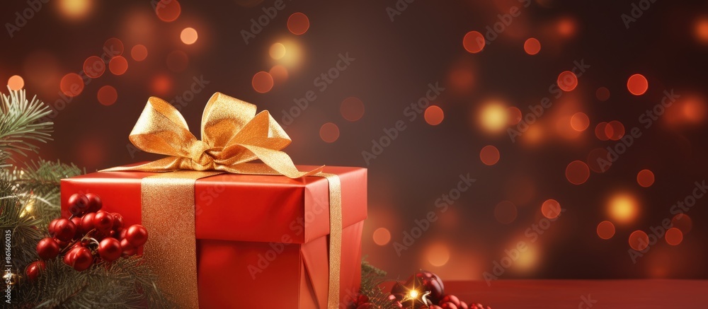 Aufkleber a christmas gift box surrounded by conifer branches and glowing lights against a red backdrop with a