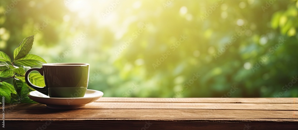 Poster selective focus on a cup of coffee placed on a wooden table in the sunlight, against a green nature 