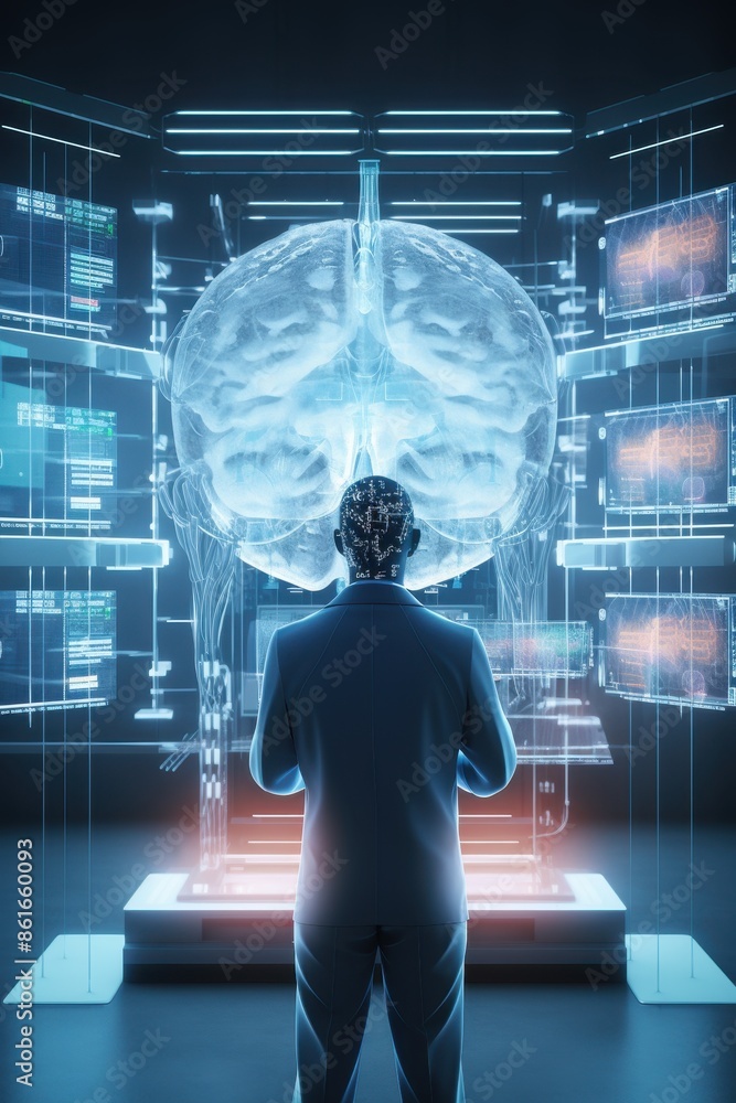 Poster a man's head is shown in a computer monitor with a skull on the right side. the head is surrounded b