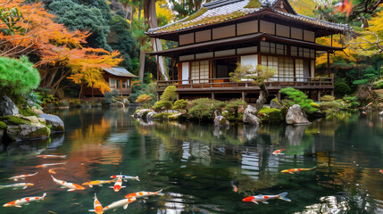 A tranquil Japanese garden in autumn, with vibrant red and orange leaves, koi ponds, and traditional teahouses.