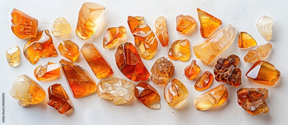 Poster amber. heap of natural unprocessed pieces of amber of different colors, shapes and sizes on a pastel