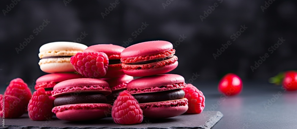 Poster Colorful French macaroons resting on a simple backdrop, with raspberry red ones neatly stacked on a slate board, offering a beautiful copy space image.