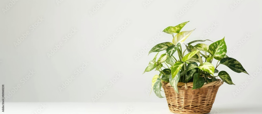 Poster golden pothos in the basket ,epipremnum aureum in pot isolated on white background .trees that help 