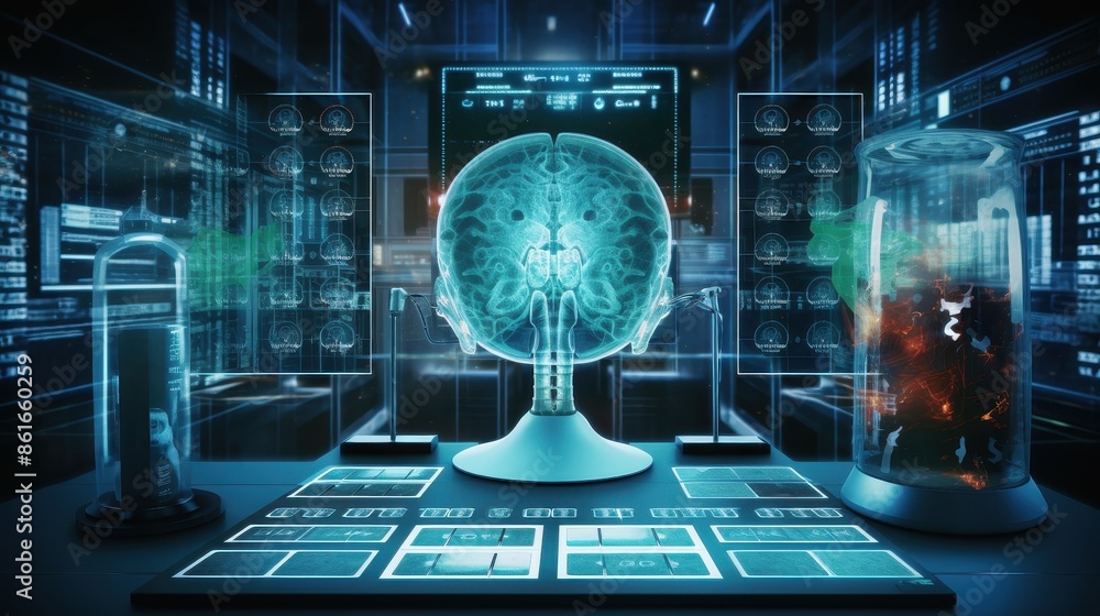 Poster a man's head is shown in a computer monitor with a skull on the right side. the head is surrounded b