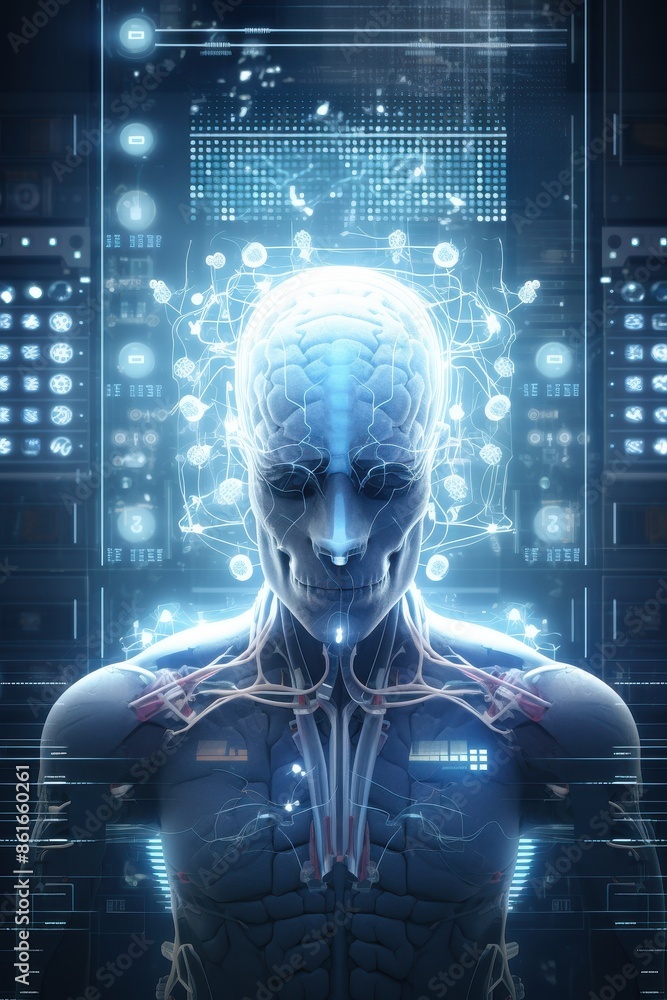 Poster a man's head is shown in a computer monitor with a skull on the right side. the head is surrounded b