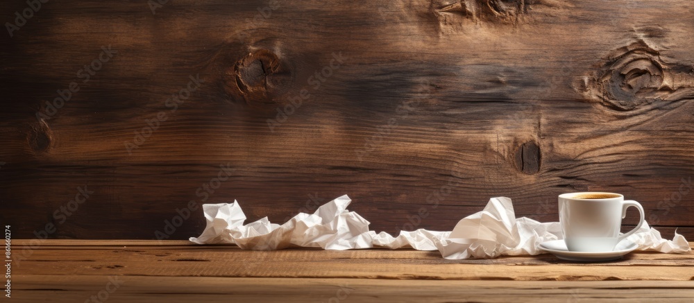 Poster Crumpled paper and a coffee cup on a wooden background create a rustic scene with a designated copy space image.