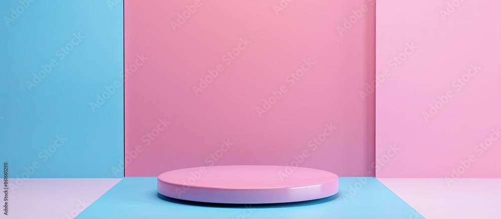 Fototapete front view podium display on pink and blue background with copy space image.