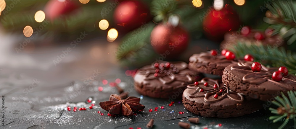 Aufkleber Chocolate Christmas Cookies displayed with festive decoration and a fir tree in the background in an isolated setting, perfect for a copy space image.