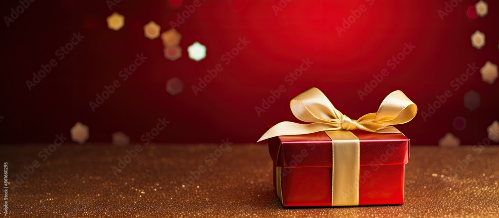 Poster christmas concept with a holiday present - a small golden box adorned with a decorative bow on a red