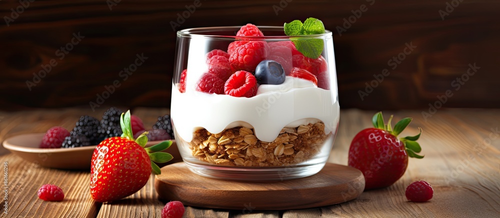 Aufkleber glass of diet yogurt with granola, fresh berries, and strawberry slices on a wooden table with a spa