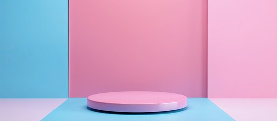 Front view podium display on pink and blue background with copy space image.