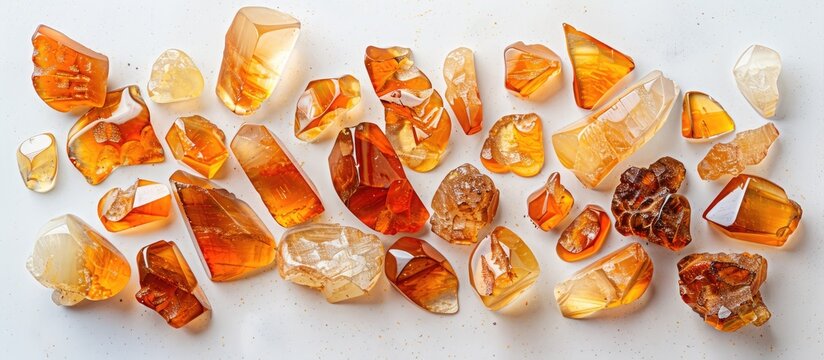 Amber. Heap of natural unprocessed pieces of amber of different colors, shapes and sizes on a pastel background. Fossil resin as a material for jewelry. Lot of pieces of sunstone from above. Texture