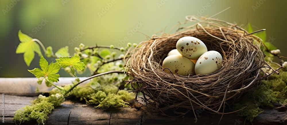 Aufkleber template for easter greeting card or festive invitation with a small handcrafted nest and natural eg