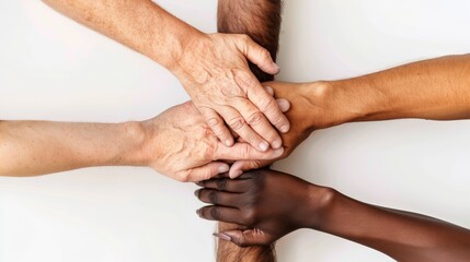 Fototapeta premium Diverse Hands Intertwined in Unity on a White Background, Soft Minimalist Lighting Emphasizes Togetherness