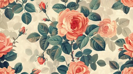 Elegant Illustration of a Vintage Rose Pattern Featuring Coral Blossoms and Green Leaves with Buds on a Beige Background.