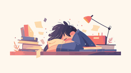 Fatigued student sleeping at the desk with books. 