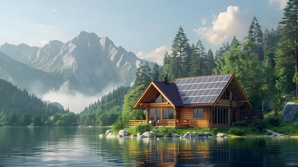 Obraz premium Rustic Lakeside Cabin with Solar Panels Offering Renewable Energy in Picturesque Mountain Setting