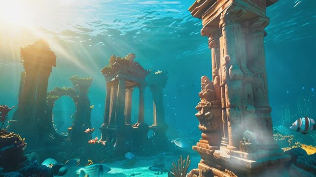 Beautiful seabed view with the ruins of the city of Atlantis, in a smooth looping background with 4K video animation.