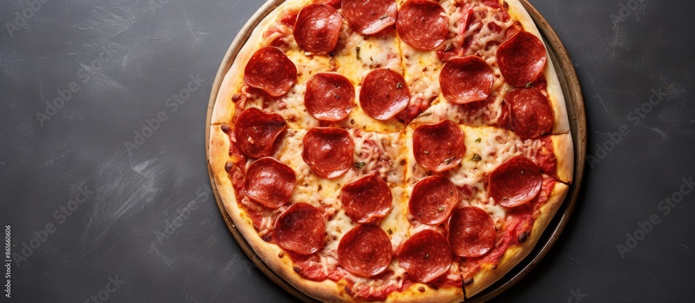 Poster Delicious pepperoni pizza displayed on gray surface in a flat lay composition with ample room for adding text in copy space image.