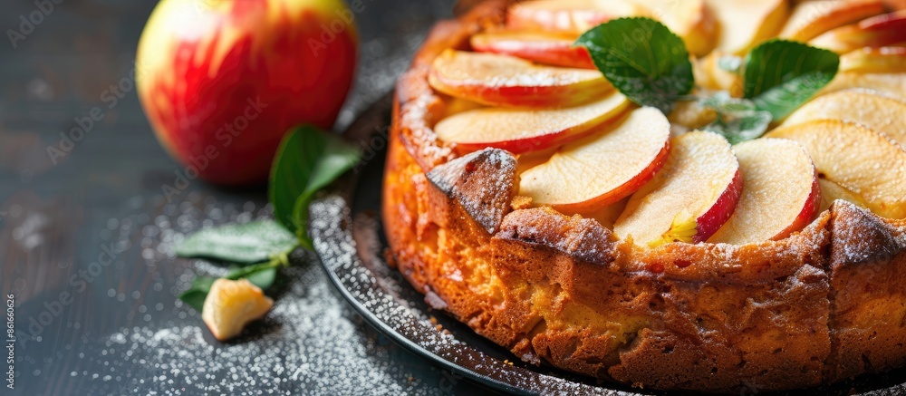 Poster close-up view of a delicious apple cake with copy space image.