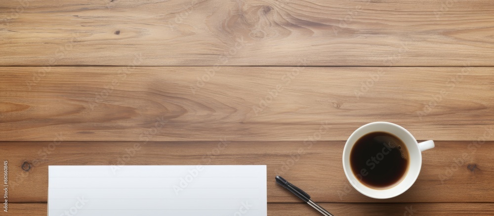 Aufkleber top-down view of a desk with a cup of coffee, a note, a pen, and ample empty space for text or image
