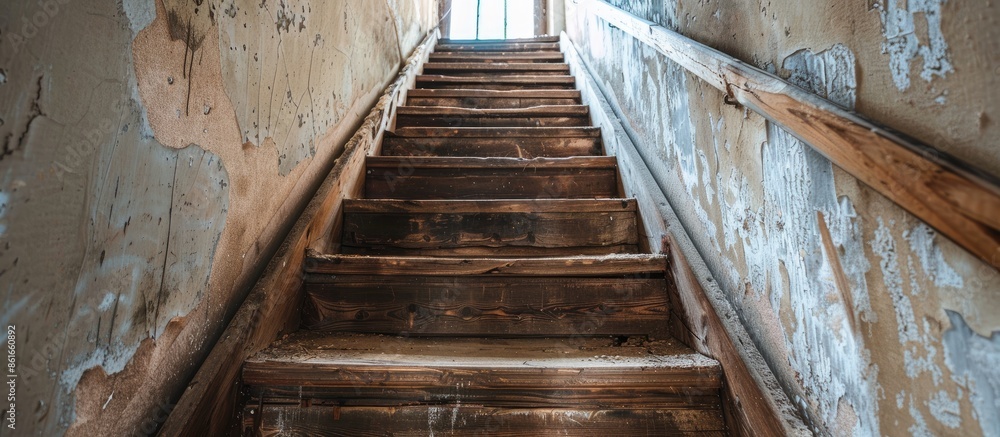 Poster a wooden stairway leading up in an old apartment building. with copy space image. place for adding t