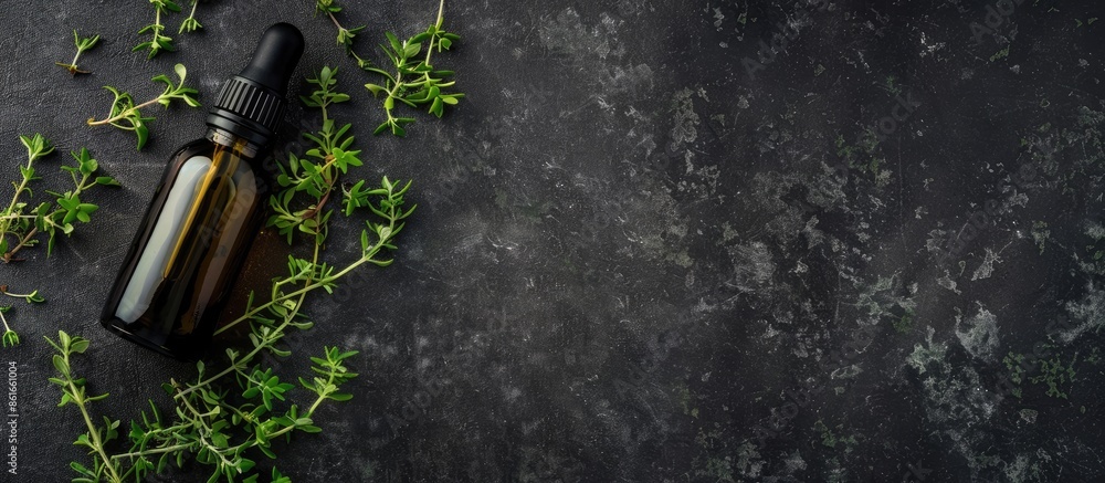 Poster thyme essential oil displayed on black table with copy space image.