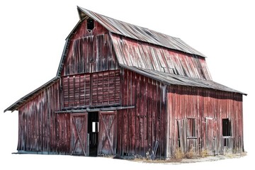 A classic farm building with a red and white color scheme, set against a plain white background