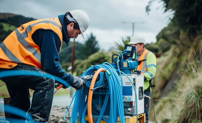 Construction Workers Installing Fiber Optic Cables in Rural Area